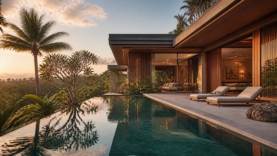 Modern tropical Bali villa with an infinity pool, teak facade and palm garden at golden hour