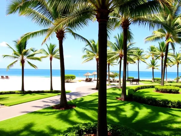 Manicured resort gardens and palm avenue leading to the white sand beach in Nusa Dua