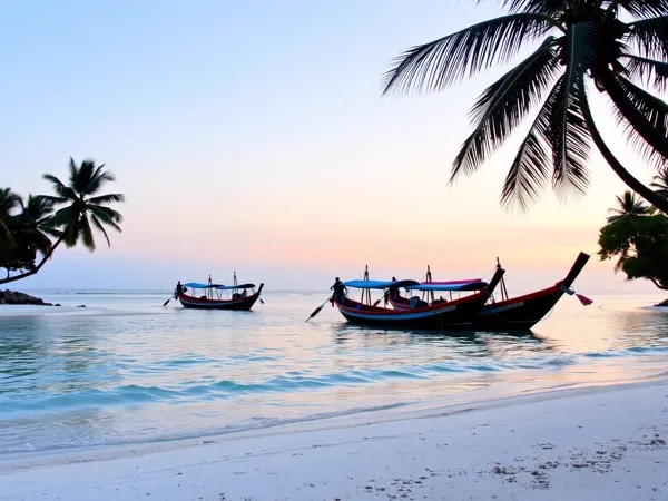 Traditional jukung fishing boats on Sanur's calm lagoon at sunrise