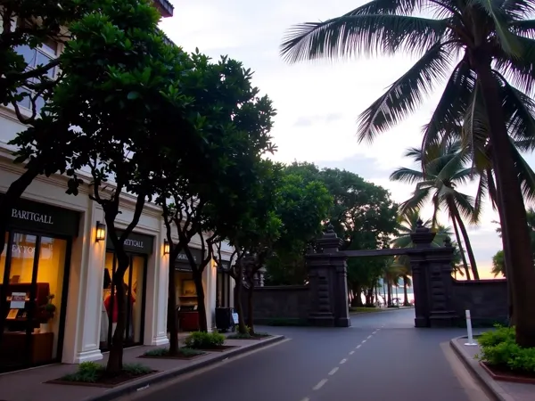 Tree-lined Seminyak street with boutiques and a traditional Balinese stone gate at dusk